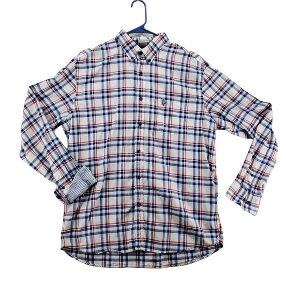 US POLO ASSN Shirt Men's L/S Casual Button Up Collared Plaid White Blue Red XL - Picture 1 of 12